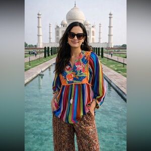 Anthropologie NWT Verb by Pallavi Singhee Floral Beaded Babydoll Blouse Size S.